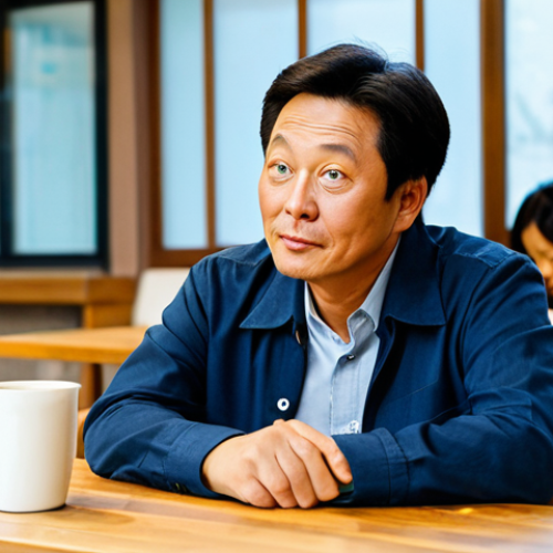 Home 4 A middle-aged male comedian, embodying the essence of Kim Dae-myung's human comedy style, dressed in a modest, professional casual outfit including a button-down shirt and smart trousers. He is seated at a simple wooden table in a brightly lit, cozy coffee shop, observing the ordinary daily interactions around him with a subtle, contemplative expression that suggests a deep understanding of everyday ironies. The scene is well-composed with soft, natural lighting. safe for work, appropriate content, fully clothed, professional, perfect anatomy, correct proportions, natural pose, well-formed hands, proper finger count, natural body proportions, high quality, realistic photography.