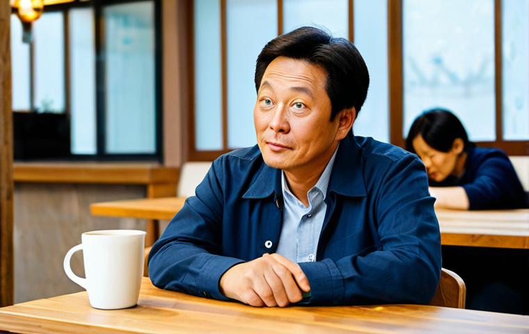 A middle-aged male comedian, embodying the essence of Kim Dae-myung's human comedy style, dressed in a modest, professional casual outfit including a button-down shirt and smart trousers. He is seated at a simple wooden table in a brightly lit, cozy coffee shop, observing the ordinary daily interactions around him with a subtle, contemplative expression that suggests a deep understanding of everyday ironies. The scene is well-composed with soft, natural lighting. safe for work, appropriate content, fully clothed, professional, perfect anatomy, correct proportions, natural pose, well-formed hands, proper finger count, natural body proportions, high quality, realistic photography.