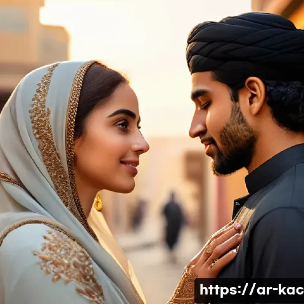 유연석 드라마 속 로맨스 - A deeply emotional Middle Eastern couple in traditional attire sharing a tender moment on a bustling...