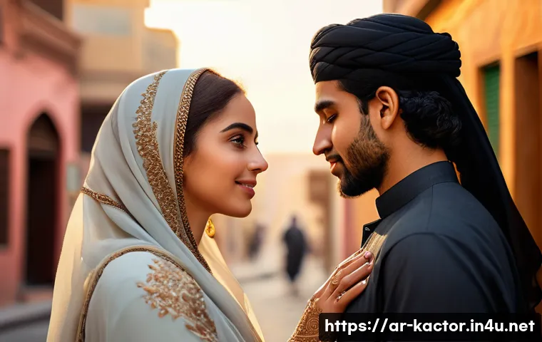 유연석 드라마 속 로맨스 - A deeply emotional Middle Eastern couple in traditional attire sharing a tender moment on a bustling...