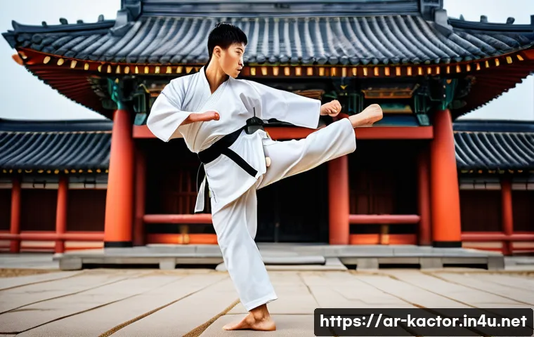 이준기 액션 연기 특화 비결 - A dynamic action scene featuring a male Korean martial artist in his mid-30s performing a high-flyin...