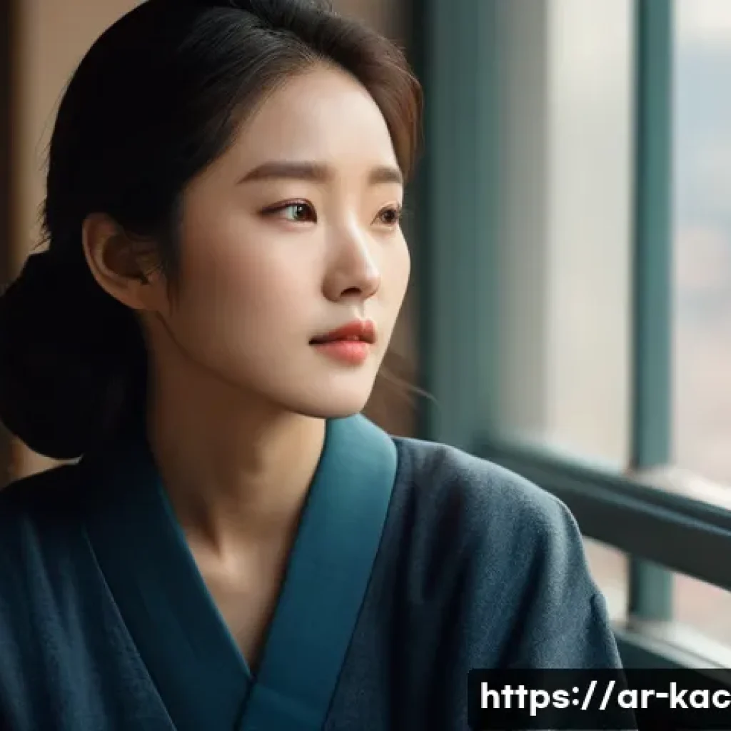 김성령 세대별 작품 분석 - A detailed portrait of a young Korean actress in her early career, wearing elegant modest clothing s...