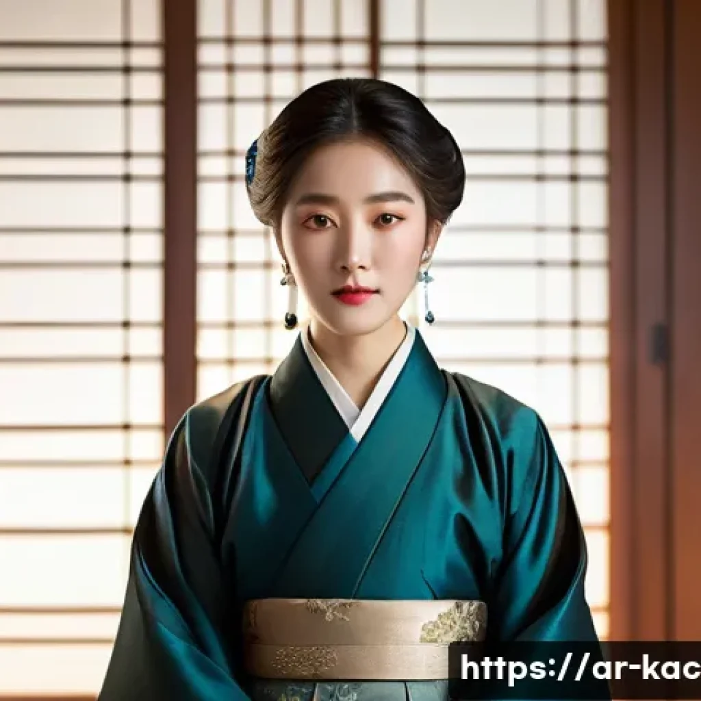 송혜교 출연작 중 최고 평점작 - A poised Korean actress wearing elegant, modest traditional hanbok attire, standing in a warmly lit ...
