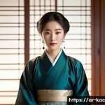 송혜교 출연작 중 최고 평점작 - A poised Korean actress wearing elegant, modest traditional hanbok attire, standing in a warmly lit ...
