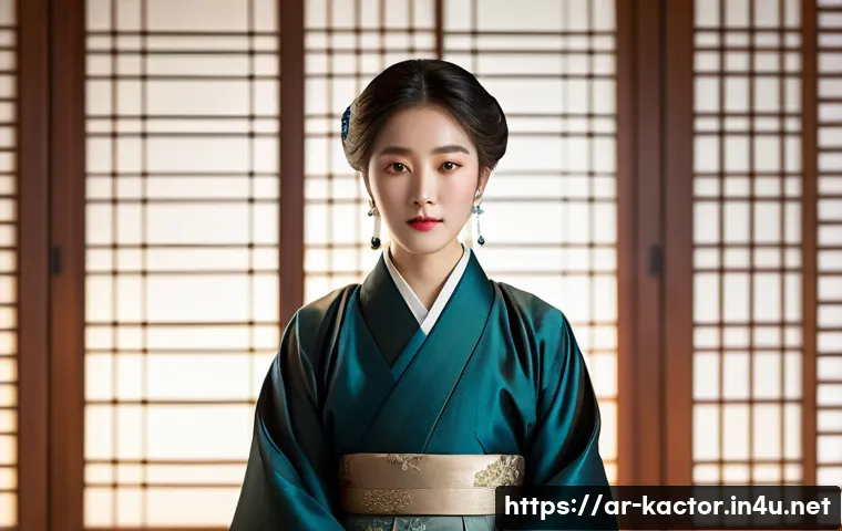 송혜교 출연작 중 최고 평점작 - A poised Korean actress wearing elegant, modest traditional hanbok attire, standing in a warmly lit ...
