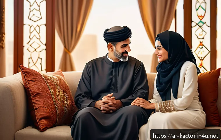 김희애 중년 로맨스 분석 - A mature Middle Eastern couple in their mid-40s sharing a quiet, intimate moment in a warmly lit tra...